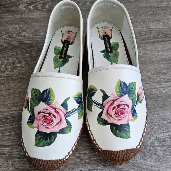 Dolce & Gabbana Shoes - Dolce & Gabbana White and Pink Rose Print Espadrilles